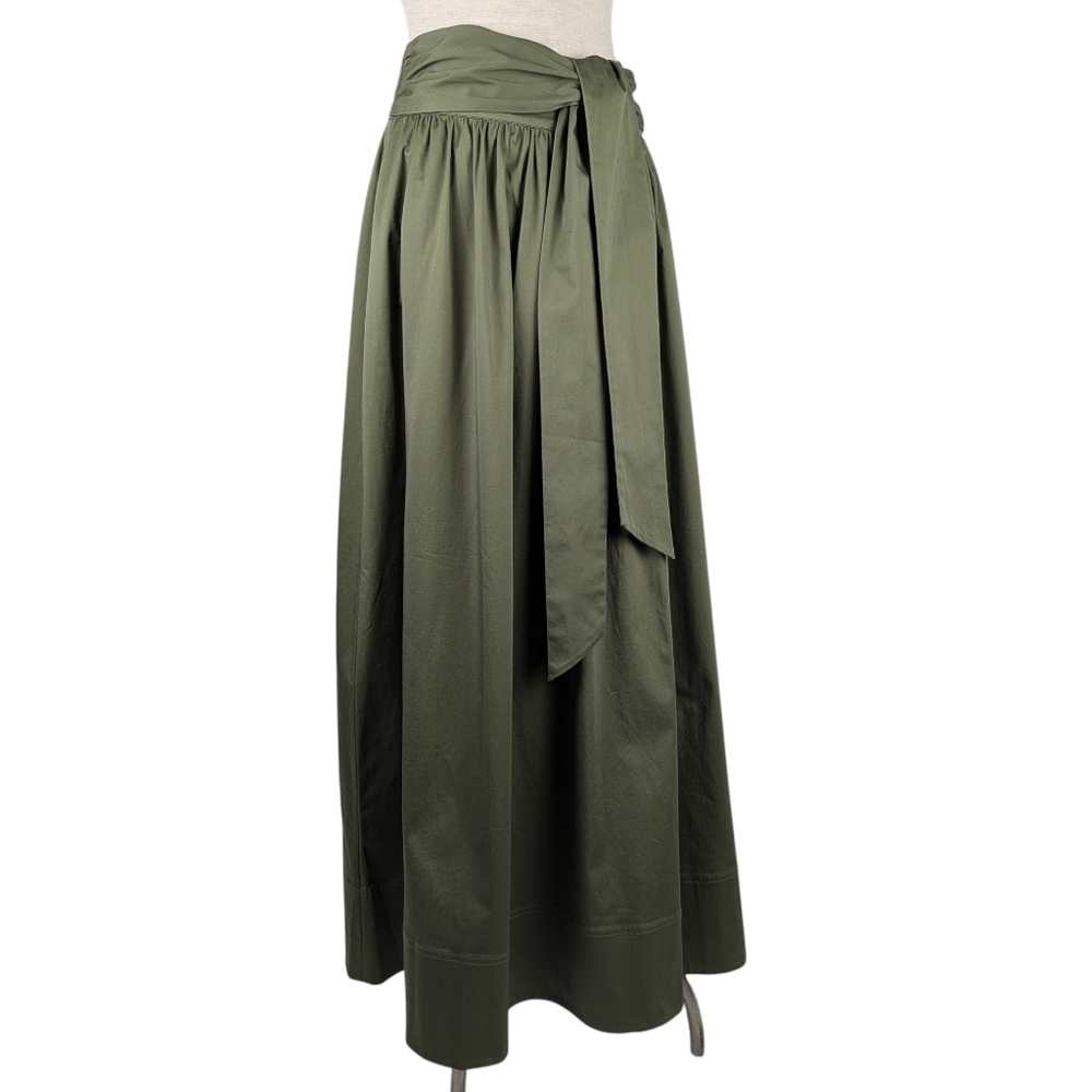Toccin Sabine Tie Front Midi Skirt Stretch Cotton Pockets Olive S NWT - Picture 6 of 16